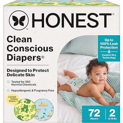 The Honest Company Clean Conscious Diapers®, Up to 100% Leak Protection, Designed to Protect Delicate Skin, Hypoallergenic + Fragrance-Free, UR Ribbiting + Waddle It Be, Club Box, Size 2, 72 Count