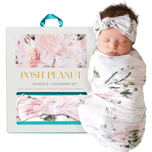 Posh Peanut Swaddle Blanket & Headband Set – Viscose from Bamboo Stretchy Baby Swaddle for Newborn Girls, Receiving Blanket or Nursing Cover
