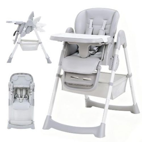 Baby High Chair, Foldable High Chair for Babies & Toddlers, 7 Adjustable Seat Heights & 5-Point Safety Harness for 6-36 Months Babies, Light Gray