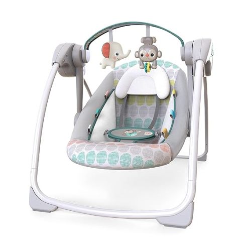 Bright Starts Playful Paradise Portable Compact Automatic Baby Swing with Music, Unisex, Newborn +