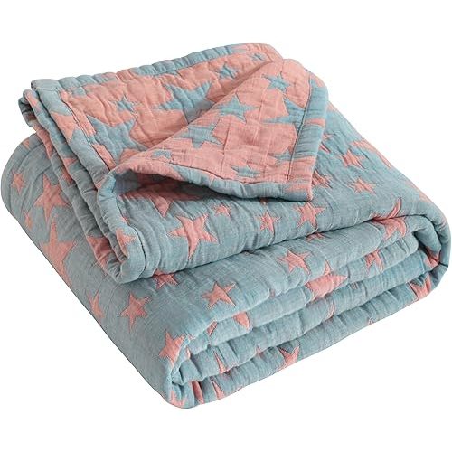 NTBAY 3 Layer Toddler Blanket, Muslin Cotton Jacquard Bed Blankets, Lightweight Thermal Baby Blanket, Super Soft and Warm Crib Blanket for All Seasons, Decoration Gift, 30"x40", Red and Blue Star
