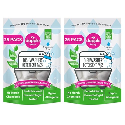 Dapple Baby Dishwasher Pacs, Plant Based & Hypoallergenic Dishwasher Pods, Removes Milk Residue & Odor on Dishes, Baby Bottles & Kitchenware, Fragrance Free, 25 Count (Pack of 2)