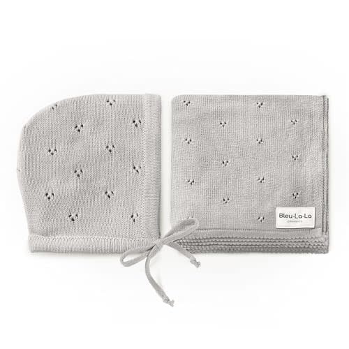 Bleu La La Organic Pointelle Baby Blanket + Hat Gift Set for Boys & Girls - 100% Soft Luxury Cotton Swaddle Blanket + Bonnett Registry for Newborns & Infants (Dove Grey + Hat)