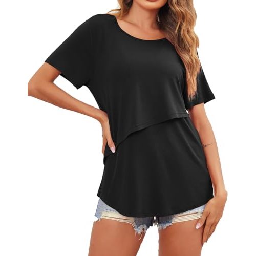 Ekouaer Women's Maternity Shirts Short Sleeves Nursing Tops 3 Pack Double Laye Breastfeeding Tees Pregnancy Clothes S-XXL