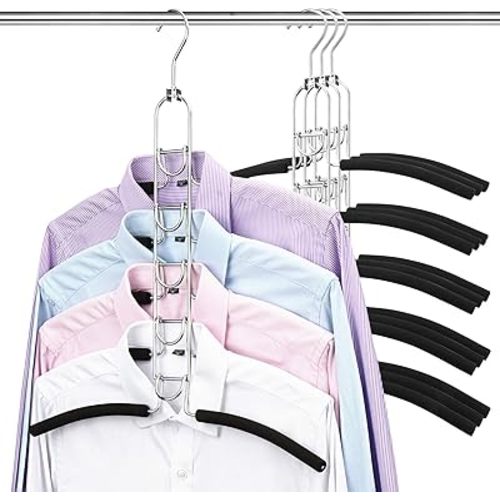 Space Saving Clothes Hangers, Multilayer Metal Hanger 4 Pack 5 in 1 Space Saver Coat Hangers, Anti-Slip Foam Padded Shirt Suit Hanger for Closet Storage Organizer