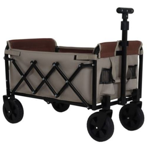 Whisen All-in-One Convertible Folding Camping Wagon Car with Bench Seat & Dog Tether & Storage Compartment - Beige & Brown