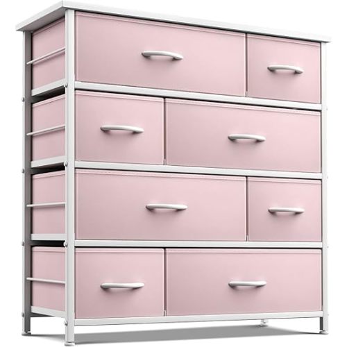 Sorbus Dresser with 8 Drawers - Furniture Storage Chest for Kid’s, Teens, Bedroom, Nursery, Playroom, Clothes, Toys - Steel Frame, Wood Top, Fabric Bins (Pink)