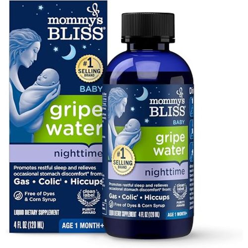 Mommy's Bliss, Bottle, Mommy's Bliss Night Time Gripe Water for Baby's Tummy Trouble - Relieves Occasional Infant Stomach Discomfort from Gas, Colic, Fussiness, Hiccups , 4 Fl Oz