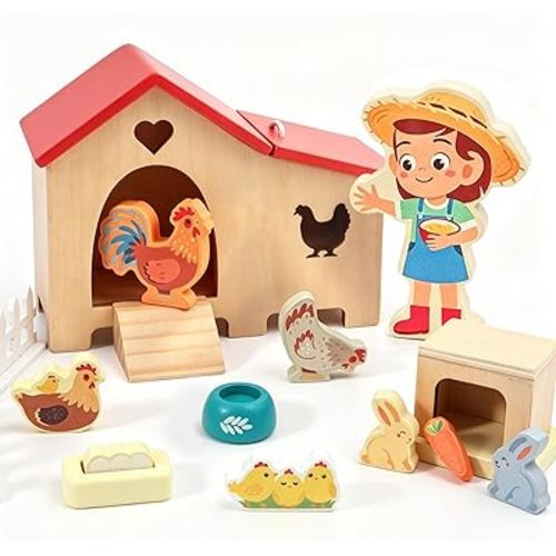 HAPGFS Wooden Dollhouse Animal Set - Realistic Mini Chicken Coop with Farmer Farm Playset - Educational Dollhouse Accessories Farm Toys for Toddlers - Montessori Pretend Play Gift for Kids Ages 3+