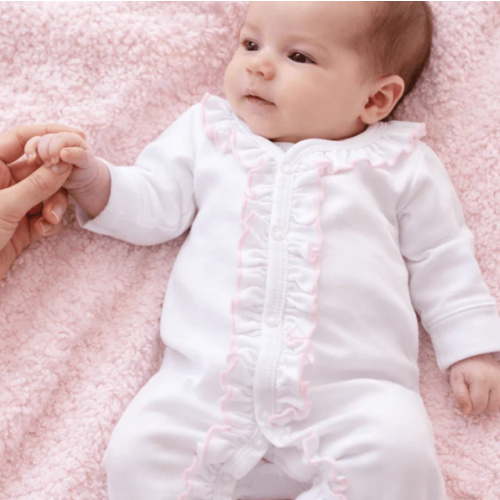 Baby Girl White Footie with Pink Ruffle - Magnolia Baby Pima Cotton
