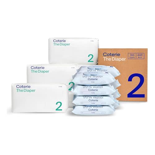 Coterie Baby Wipes + Diapers Kit, Size 2 Diapers (186 Count) & 8 Pack (448 Count) Baby Wipes with 99% Water, Plant Based Materials, Hypoallergenic for Sensitive Skin, Baby Essentials