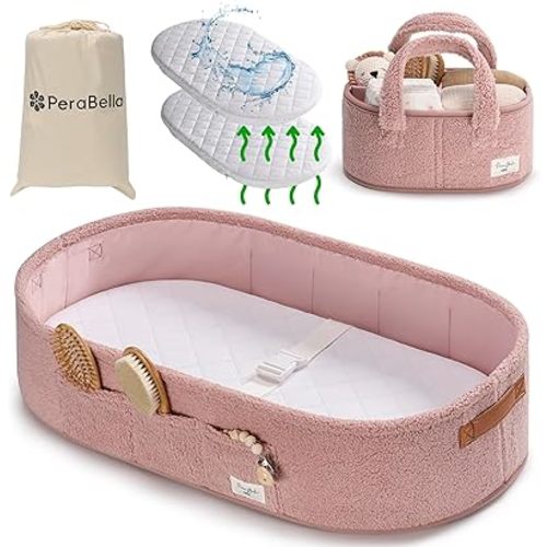 PeraBella Baby Changing Basket for Dresser Top, Baby Moses Basket for Newborn, Portable Diaper Changing Pad Table Topper for Dresser, Includes Diaper Caddy Organizer with Handle, Moses Bassinet Mat