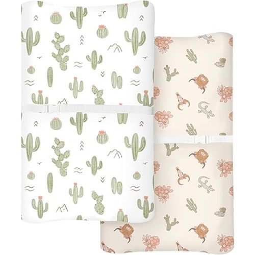 Changing Pad Cover for Baby Boys Girls 2 Pack, Fits Standard 32”×16” Changing Table Pads, Silky Breathable Stretch Knit, Machine Washable (Cactus Cozy)