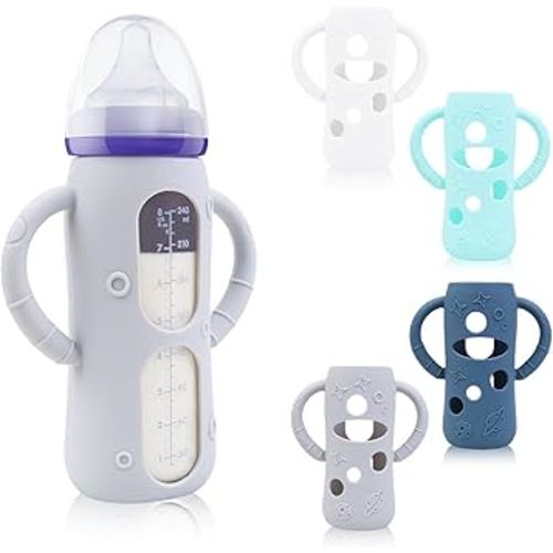 ZCH 4-Pack Silicone Sleeves for Lansinoh Glass Bottles, BPA-Free Drop-Resistant Baby Bottle Sleeves with Handles, Compatible with Lansinoh Anti-Colic Glass Baby Bottles (8 oz)