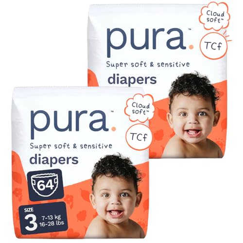 Pura Baby Diapers Size 3 (16-28 lbs) 64 Count Sensitive Skin | 12 Hour Leak Protection, New Blowout Blocker, Cloud Soft, Totally Chlorine Free*, Allergy UK Certified