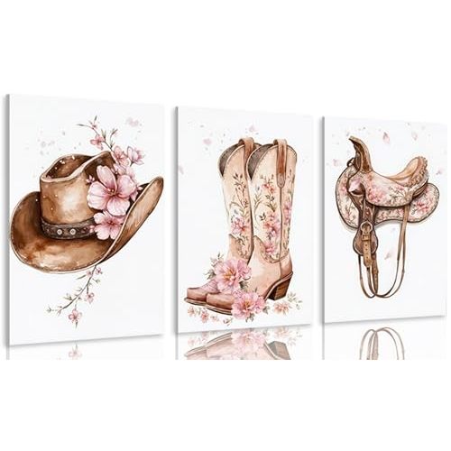 Tertiosh 3Pcs Western Cowgirl Canvas Wall Art Retro Western Flower Boots Hats Wall Decoration Pictures Girls Room Paintings Artwork Preppy Prints for Living Room Bedroom Dorm Decor 12x16in