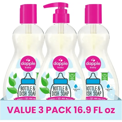 Dapple Baby Fragrance Free Bottle & Dish Soap - (3 Pack) 16.9 fl oz - Cleans Baby Bottles, Sippy Cups, Pacifiers, Breast Pumps, & More - Gently Removes Milk Film & Odors - Includes 1 Pump