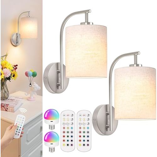 Battery Operated Wall Sconce Set of 2, Brushed Nickel Rechargeable Dimmable Wall Light Fixture Remote, 12 RGB Colors & Timer, Wireless Lamp White Shade