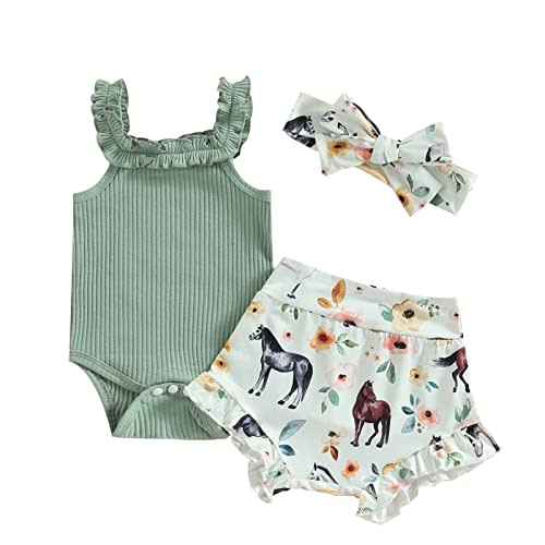 Sejardin Newborn Baby Girl Summer Clothes Letter Print Ruffle Sleeveless Ribbed Romper and Floral Shorts Infant Outfit