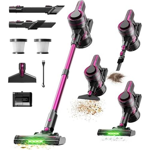 Cordless Vacuum Cleaner for Home,600W 40000PA 70Mins, Self-Standing,Powerful Suction Anti-Tangle Long&Pet Hair, Easily Picks Up Hard/Soft Debris for All Surfaces:Hardwood Floors,Tile,Carpet (Magenta)