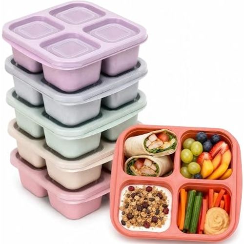 6Pack Bento Boxes Lunch Box, 4 Compartment Leak-Proof Reusable Wheat Straw Food Containers, Stackable BPA-Free, Microwave/Dishwasher Safe for Work School Travel