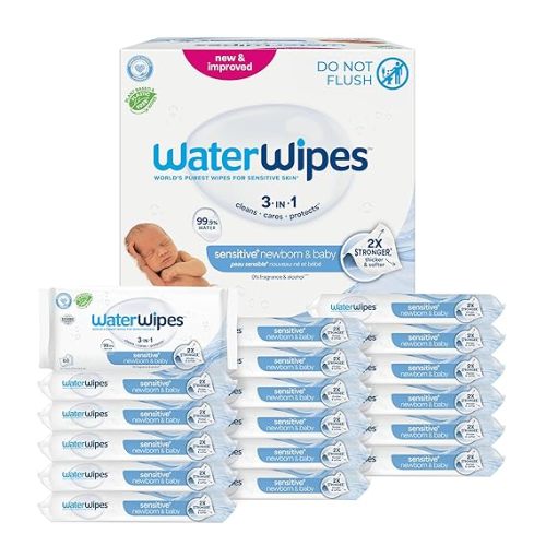 WaterWipes Sensitive+ Newborn & Baby Wipes, 3-In-1 Cleans, Cares, Protects, 99.9% Water, Unscented & Hypoallergenic, 720 Count (12 Packs)