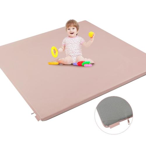Padded Baby Play Mat, Super Soft Vegan Leather Floor Mat for Baby Girls and Boys, 48x48 Non-Slip Thick Foam Cushioned Play Mat for Babies 6-12 Months, Fits Nicely Into 50x50 Playpen Mat, Pink