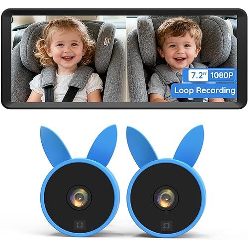 Babyvue BV3 MAX Baby Car Camera for 2 Kids with Recording & Monitoring, 7.2" Split Screen 1080P Display with IR Night Vision, Easy Setup Backseat Camera, Rear Facing Baby Car Monitor for Twins/Babies