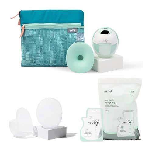 Motif Medical Aura Glow Hands-Free Breast Pump for Breastfeeding Bundle with Breast Milk Collector Cups and 100ct Milk Storage Bags w/Easy Pour Spout