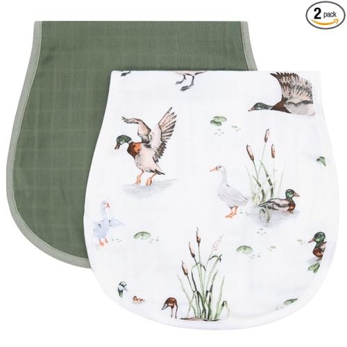 LifeTree Muslin Baby Burp Cloths - 2 Pack 70% Viscose from Bamboo and 30% Cotton Large 22'' by 10'' Absorbent Milk Spit Up Rags - Burping Cloths for Newborn, Girls Boys, MallardDuck & Olive