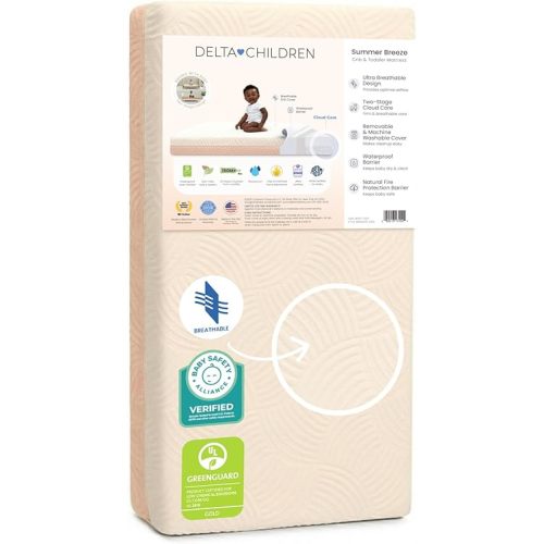 Delta Children Summer Breeze Mattress - Breathable Baby Crib & Toddler Mattress with Cloud Core - Machine Washable Cover - GREENGUARD Gold – Waterproof - Sustainably Sourced Core, Apricot/White