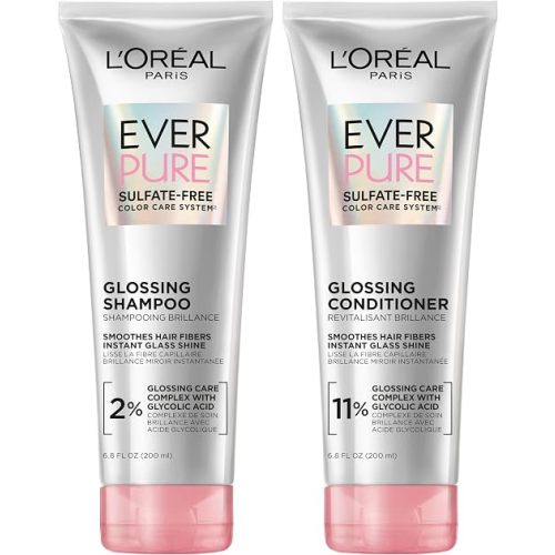 L’Oreal Paris Sulfate Free Glossing Shampoo and Conditioner Set with Glycolic Acid, Provides Intense Glass Shine & Smoothness, Suitable for Dull, Dry, and Color-Treated Hair, EverPure, 13.6 Fl Oz Set