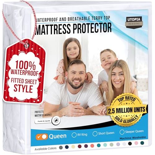 Utopia Bedding Waterproof Mattress Protector Queen Size, Premium 200 GSM Terry Mattress Cover, Soft & Breathable Bed Cover, Fitted Sheet Style with Stretchable Deep Pockets 17" (White)