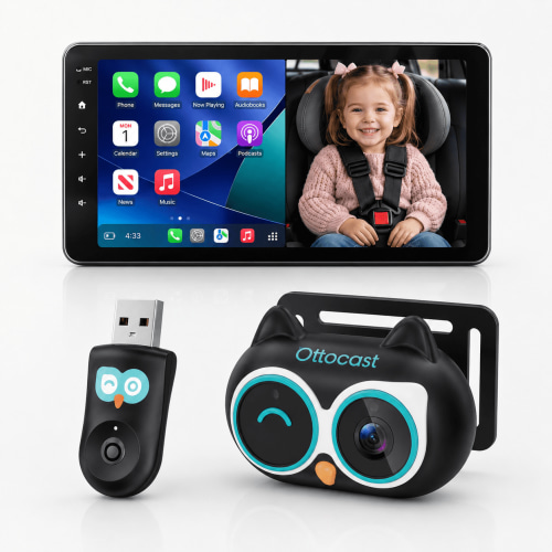 OTTOCAST CabinCare Baby Car Camera & Wireless CarPlay Adapter, 1080P No-Glow Night Vision, 150° Wide Angle, Split-Screen Rear Seat Monitor for iPhone