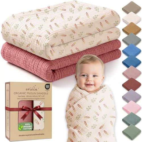 100% Organic Cotton 2 PK Muslin Blanket Baby Boy Gift 47x47 Inch