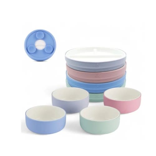 Kids Porcelain Mealtime Bundle | Suction Sleeves | 6.7" Plates + Bowls | 8 Pcs | Blush/Lilac/Sage/Misty Blue