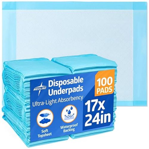 Medline Light Absorbency Underpad, 17" x 24", 100 Count, Disposable Pee Pads