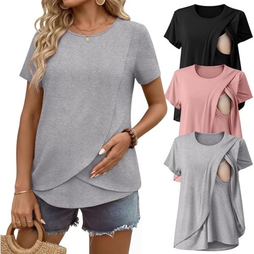 Ekouaer Nursing Shirts 3 Packs Short Sleeve Breastfeeding Tops Summer Maternity T Shirts Postpartum Double Layer Clothes