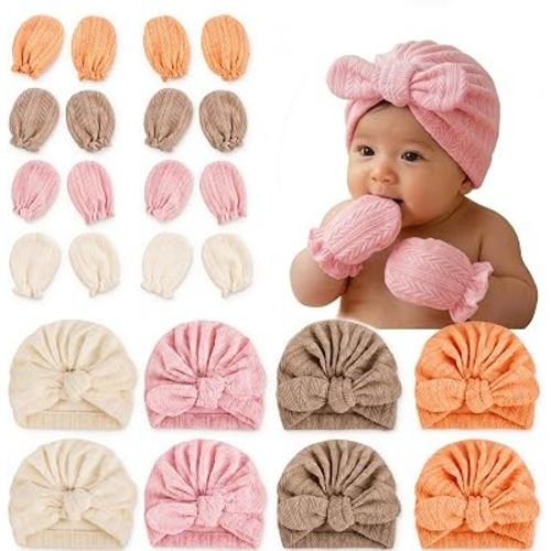 8 Sets Cotton Newborn Hats and Mittens,Ribbed Preemie Baby Girl Turban Beanie Cap with Top Bow Knot, No Scratch Gloves for 0-3 Months Hospital Bag Essentials.Wheat Patterned White/Pink/Apricot