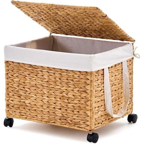 Laundry Hamper with Lid and Wheels Handwoven Water Hyacinth Laundry Basket with Removable Liner Bags, Includes 2 Mesh Bags Rolling Laundry Hamper for Bedroom (Natural, 60L)