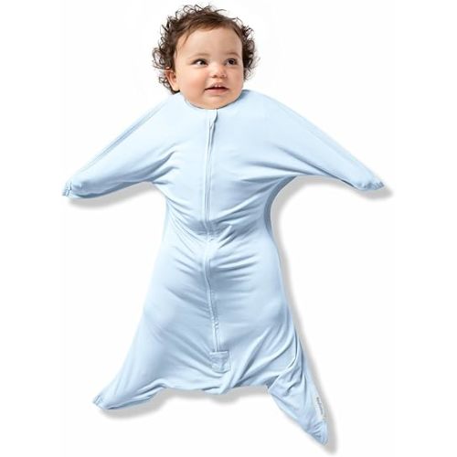 SleepingBaby Bamboo Zipadee-Zip Transition Swaddle - EverSoft Starfish Design Breathable Wearable Blanket with Two-Way Zipper, Small (4-8 months), Sky Blue