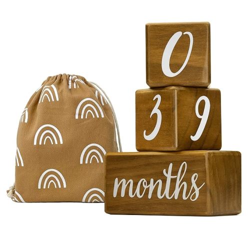 Pondering Pine Baby Milestone Blocks - Natural Pine Wood with Weeks Months Years Grade - Milestones Age Block Set with Boho Rainbow Bag, Newborn Weekly Monthly First Year Picture Props, Earth Friendly