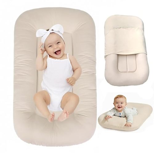 Baby Lounger 0-24 Months,Bionic Design Infant Lounger for Home and Travel with Cover,Breathable Baby Nest Waffle Fabric & 3D Support Newborn Babies Essentials Gifts,Cream White