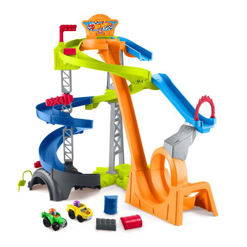 Free Shipping! Little People Spiral Stunt Speedway Toddler Race Track Playset with 2 Hot Wheels-inspired Wheelies