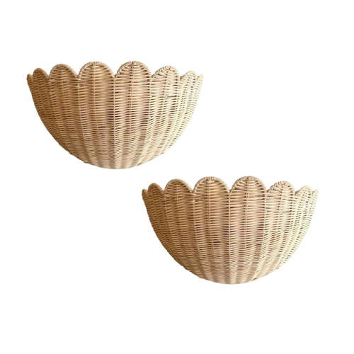 Scalloped Wicker Organizer Basket Original Hand Woven Wall Hanging Entryway Decor