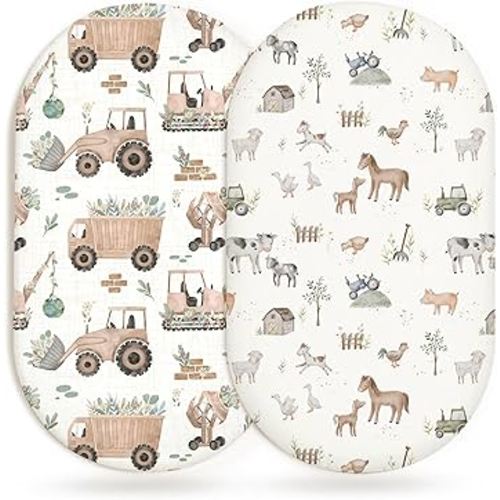 Bassinet Sheets for Baby Girls Boys 2 Pack, Fitted Baby Mattress Sheet for Rectangle, Oval, Hourglass Bassinet Mattress, Breathable Cozy & Universal Fit (Little Farm)