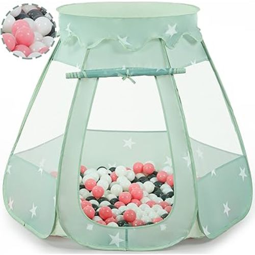 Baby Ball Pit Tent with 50 Balls - For Toddlers, Pink/White/Gray Princess Playhouse with Carry Bag, 109x90cm