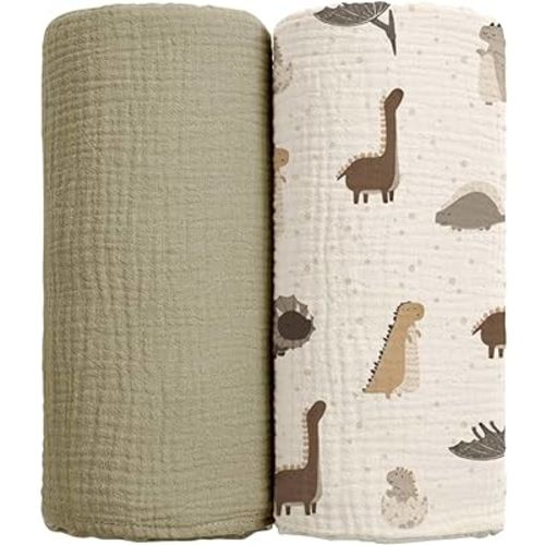 lulumoon Baby Muslin Swaddle Blankets: Soft Receiving Blanket for Newborn - Cotton Swaddling Blanket for Neutral 2Pack(Dinosaur)