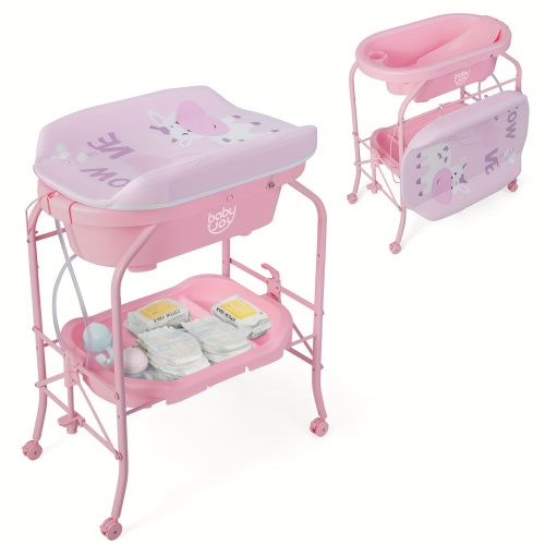 Baby Changing Table w/Bathtub, Folding & Portable Diaper Station w/Wheels Blue
