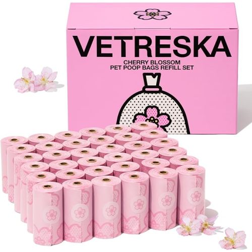 VETRESKA Dog Poop Bag Dispenser with 105 Cherry Blossom Scented Bags | Leak Proof and Extra Thick Pet Waste Bags, 1 Poop Bag Holder and 7 Rolls for Dog Walking and Cats Litter